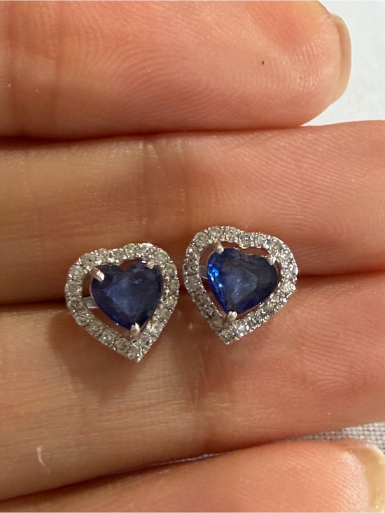 Jewelry - NEW 14K White Gold Natural Sapphire Diamond Heart Halo Earrings w/ Certificate